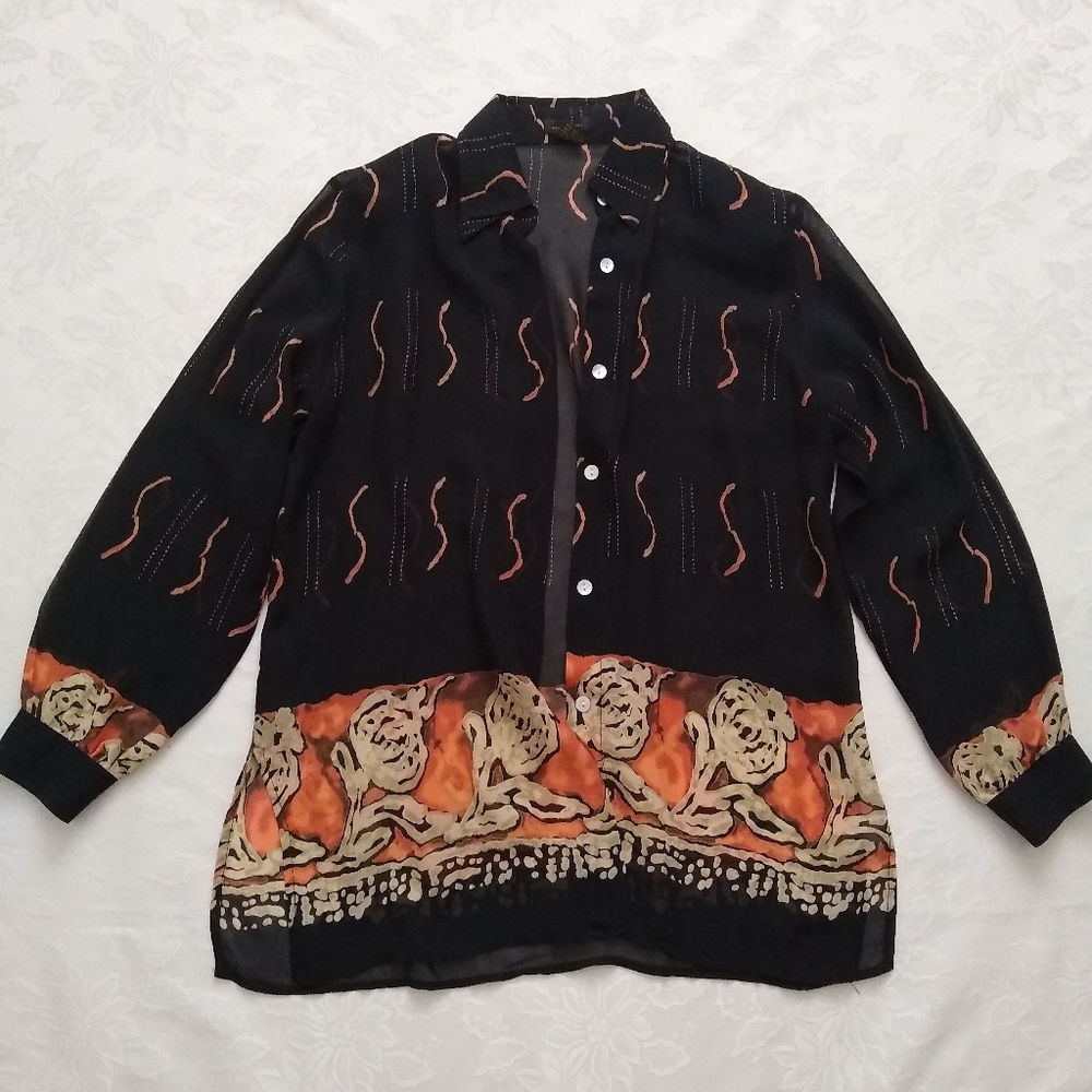 Silk Flower Border Collared Button Down Shirt - image 1